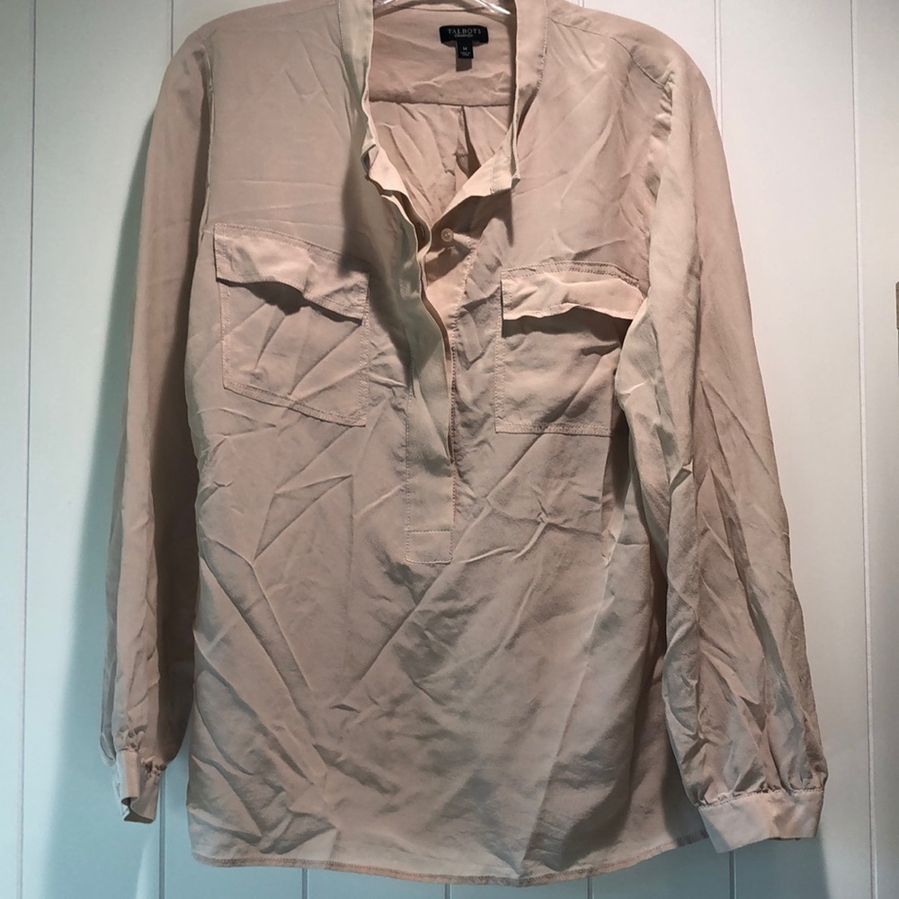 Talbots 100% silk 3/4 button down blouse nude beige color M